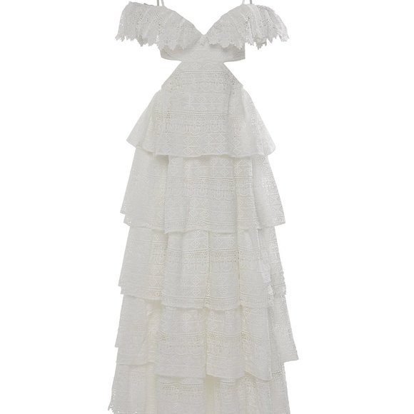 ALAMOUR LILIANA DRESS - White Lace dress with Cut Outs and Off Shoulder - Picture 3 of 5